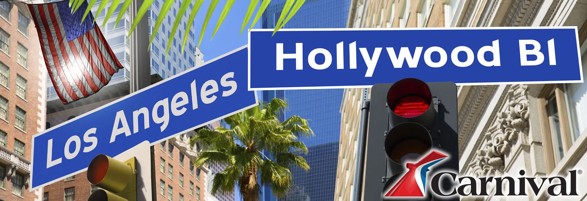 Los Angeles Hollywood Boulevard street sign with palm trees and traffic light