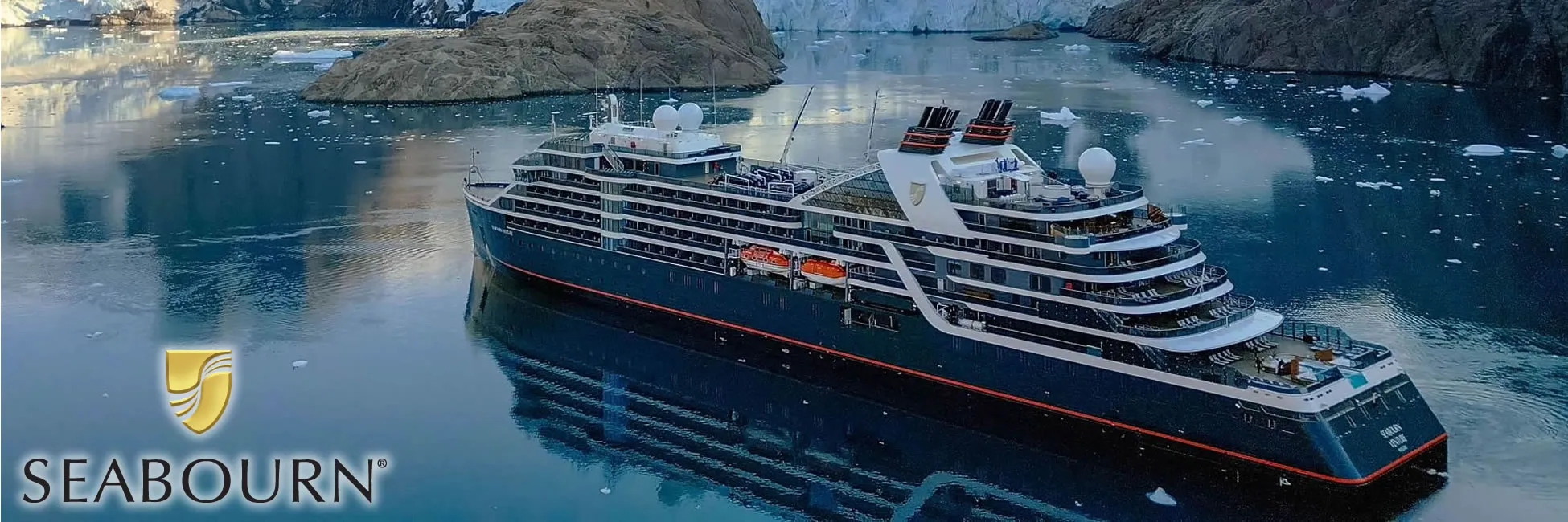 Seabourn luxury cruise ship sailing through icy Arctic waters