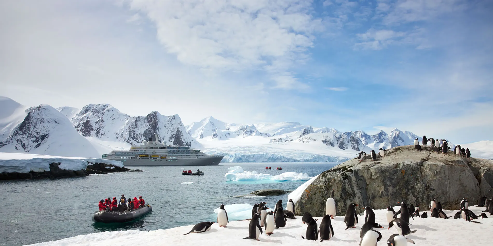Penguins on rocky shore with cruise ship and snowy Antarctic mountains