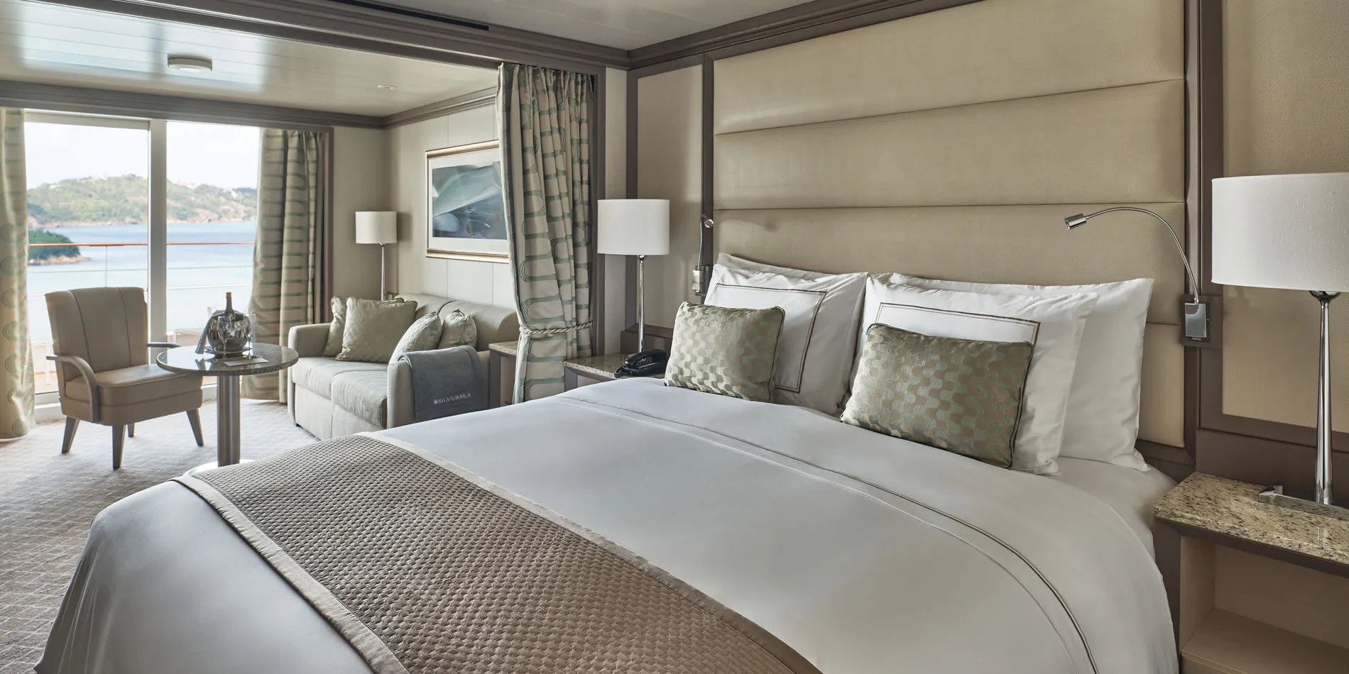 Luxurious cruise ship cabin with ocean view and elegant decor