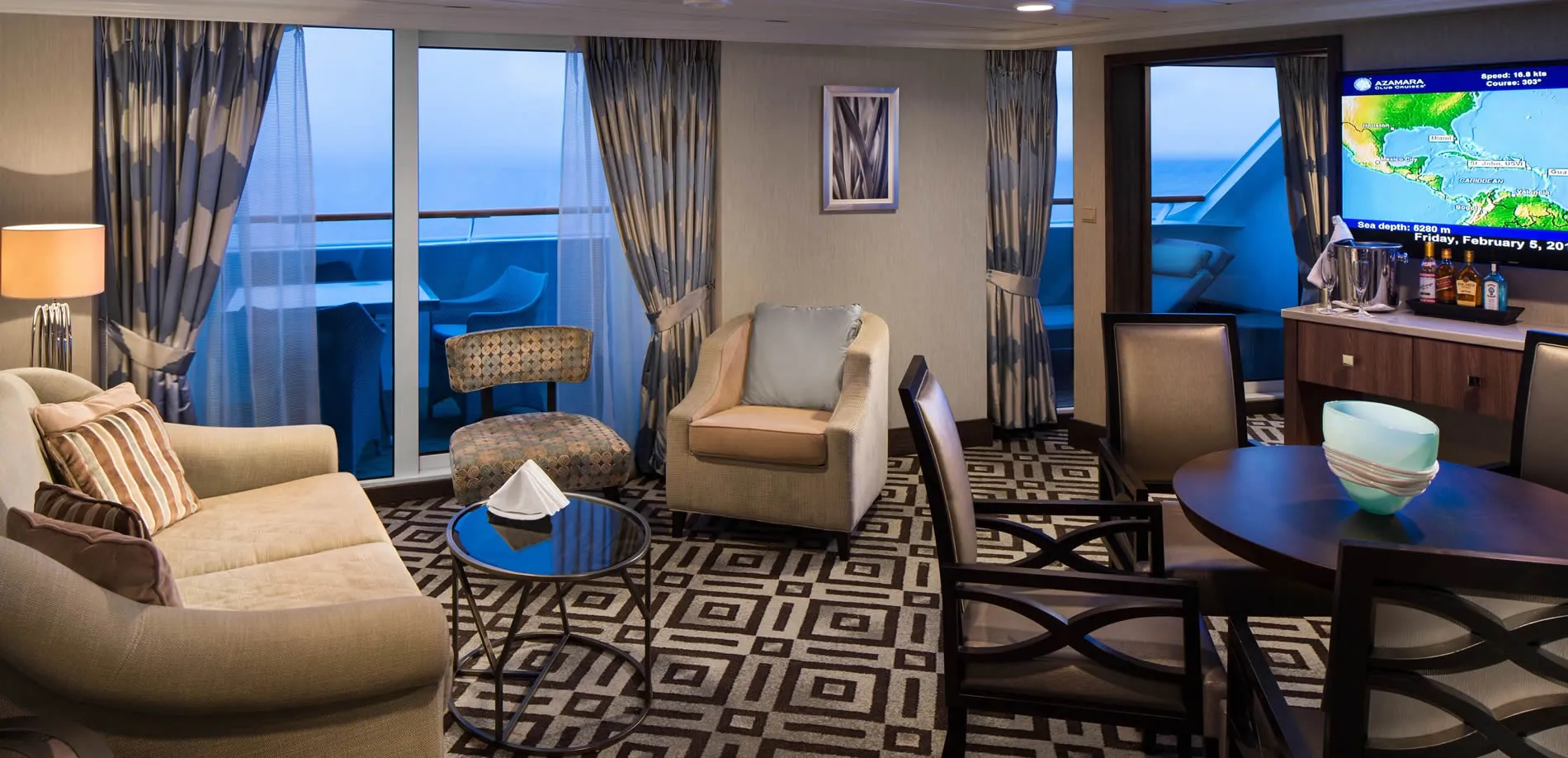 Luxurious cruise ship cabin with ocean view and modern decor