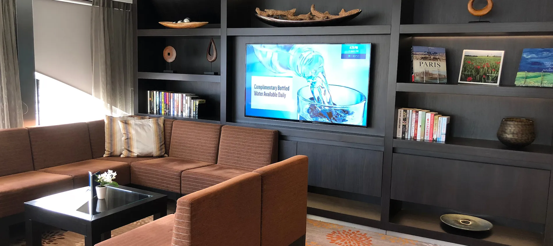 Modern living room with built-in shelves, brown sofa, and TV showing water