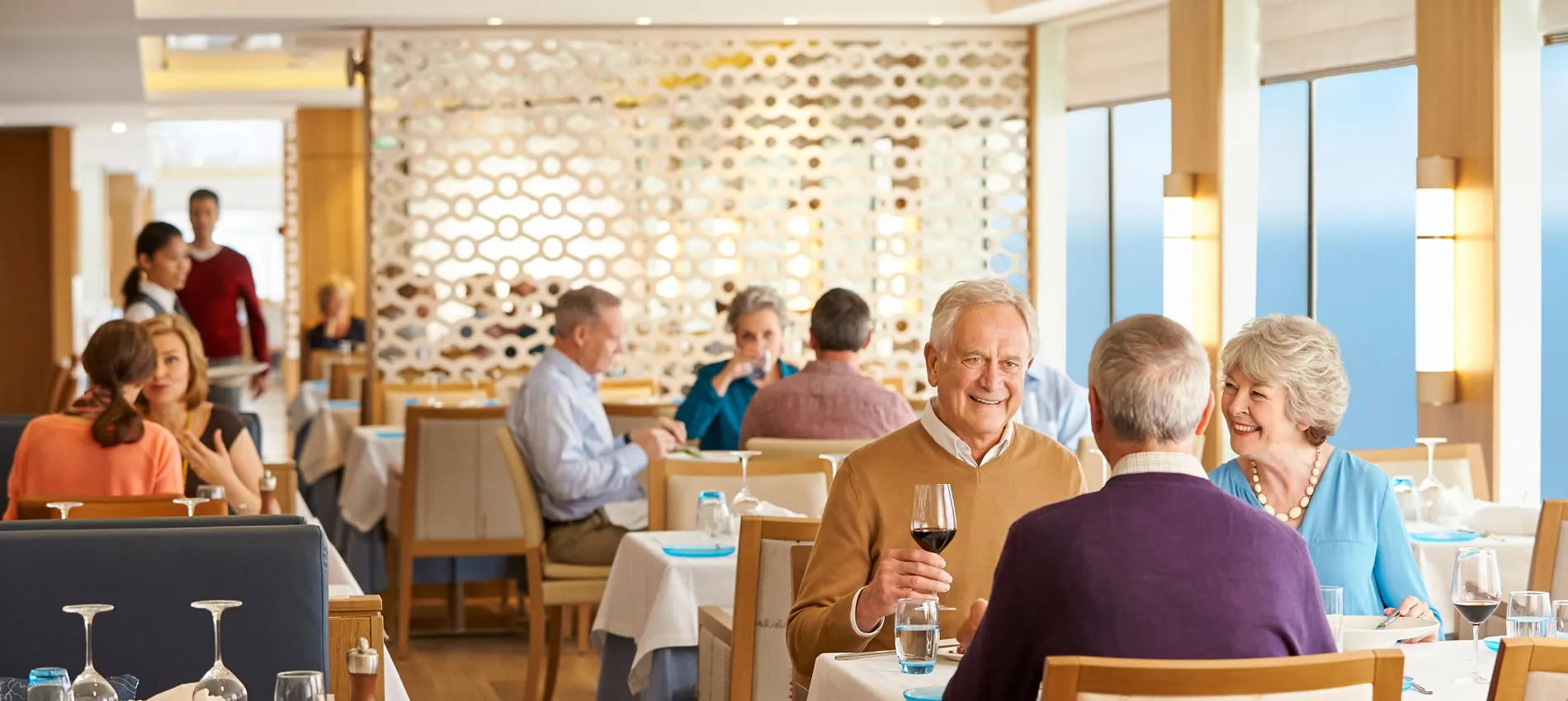 Elderly couple enjoying wine at a bright, modern restaurant with sea view