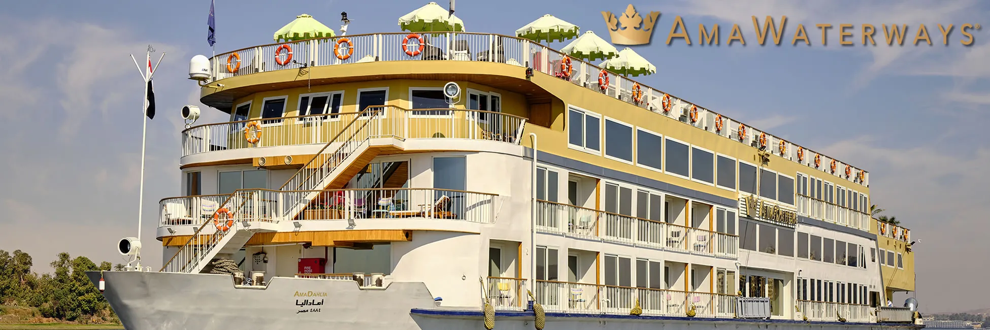 AmaWaterways river cruise ship with multiple decks and white railings