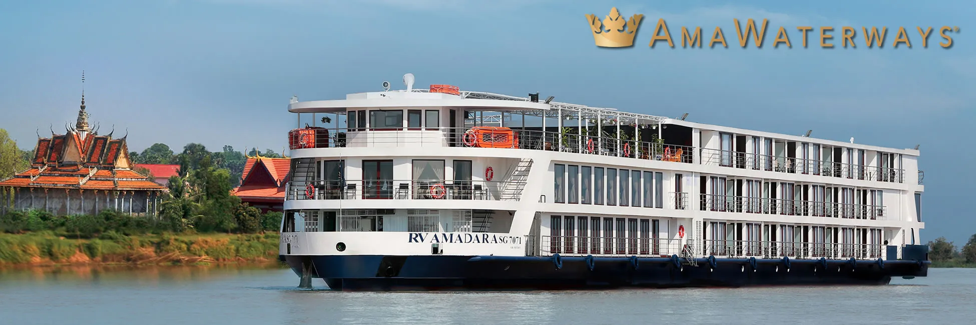AmaWaterways river cruise ship RV Amadara on Mekong River near temple