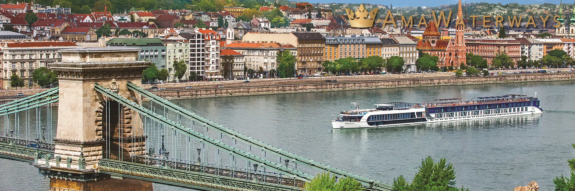 Budapest's Chain Bridge and riverfront with cruise ship on Danube