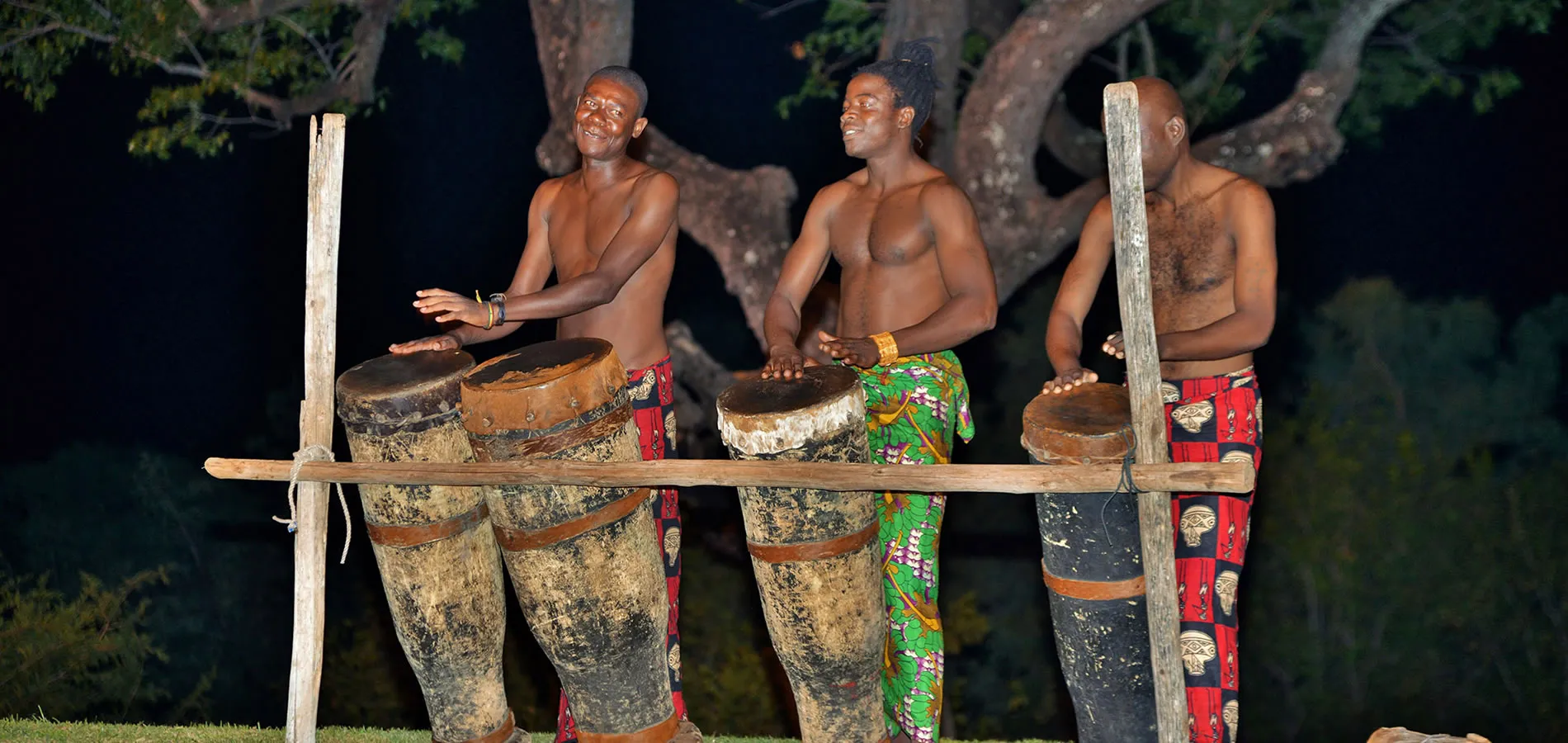 Three musicians play traditional drums at night under trees