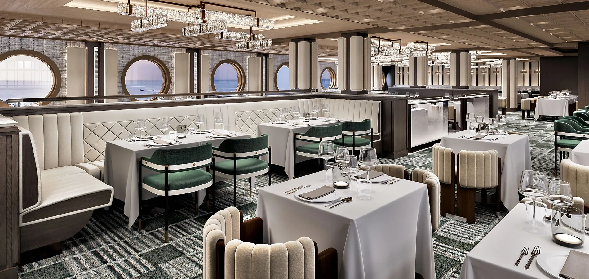 Elegant cruise ship restaurant with ocean view, white tables, and green chairs