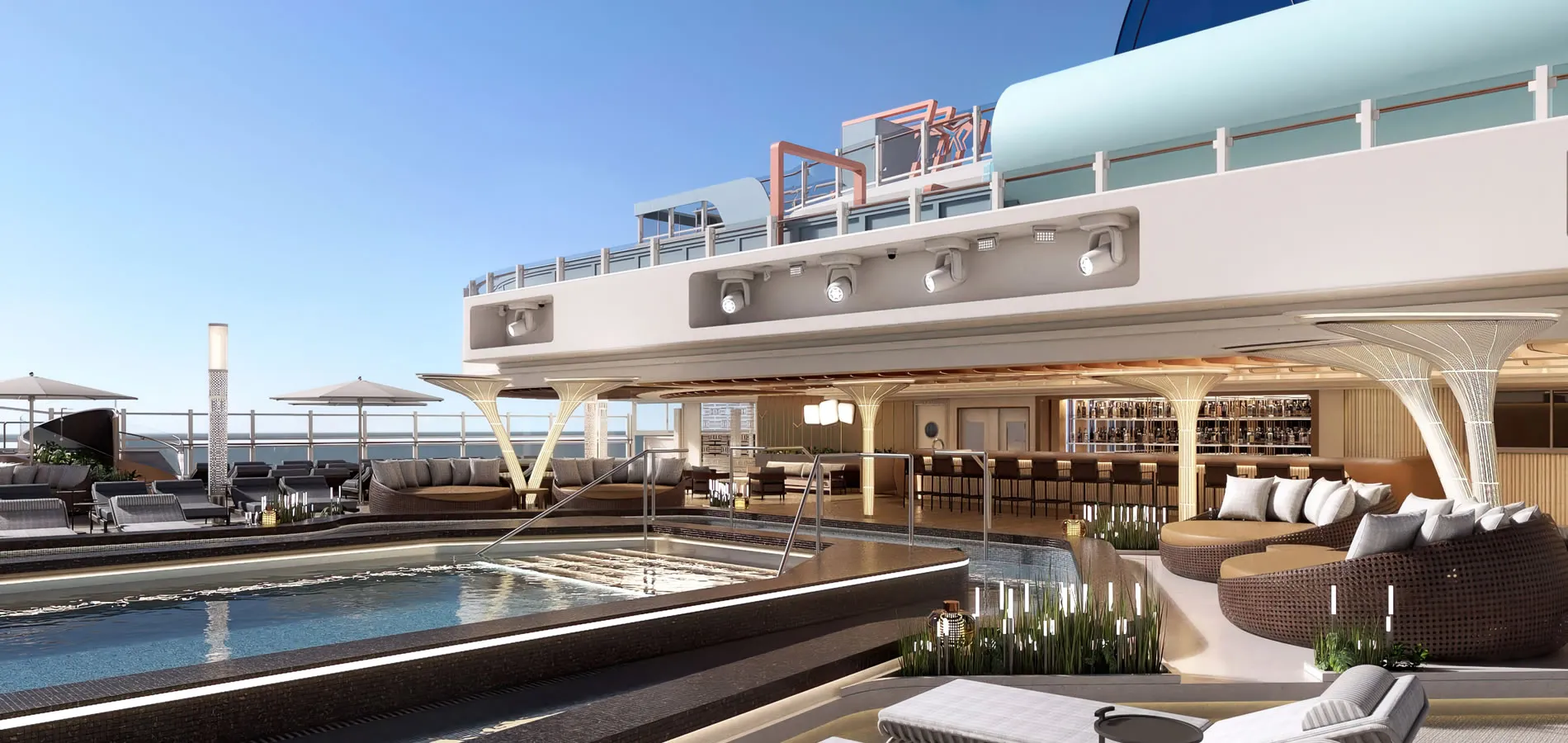 Luxury cruise ship deck with pool, bar, and stylish lounge seating