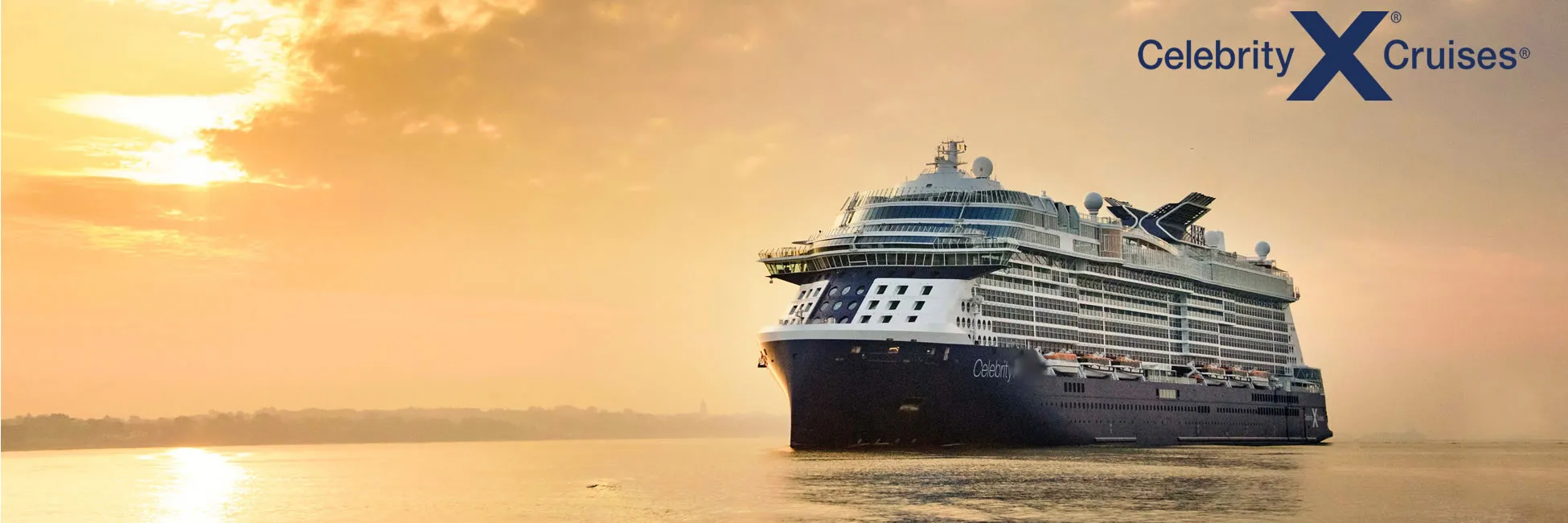 Celebrity Cruises ship sailing at sunset on calm waters