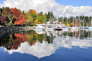 Colorful autumn trees reflect in calm marina with boats and cloudy sky