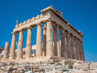 Ancient Parthenon temple on Acropolis, Athens, with tall marble columns