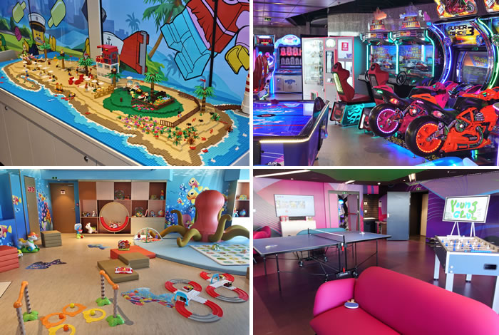 Colorful game rooms with toys, arcade machines, and play areas