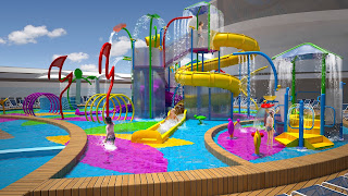 Colorful water park with twisting slides, pools, and play structures
