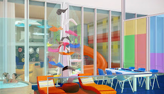 Colorful modern classroom with geometric furniture and large windows