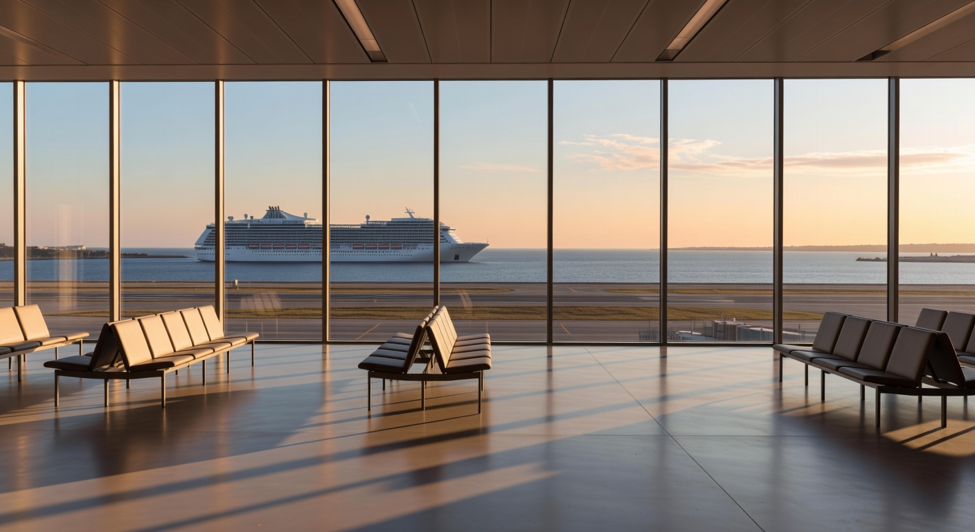 A wide editorial travel photograph of a modern airport departure terminal with large floor-to-ceiling windows overlooking the tarmac, with a large cruise ship visible in the distant harbor beyond the 