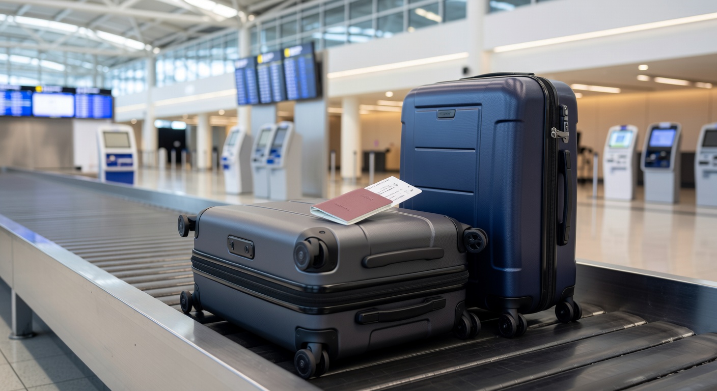 A wide editorial travel photograph of two neatly packed suitcases on an airport check-in conveyor belt under bright terminal lighting, with a boarding pass and passport resting on top of one bag.