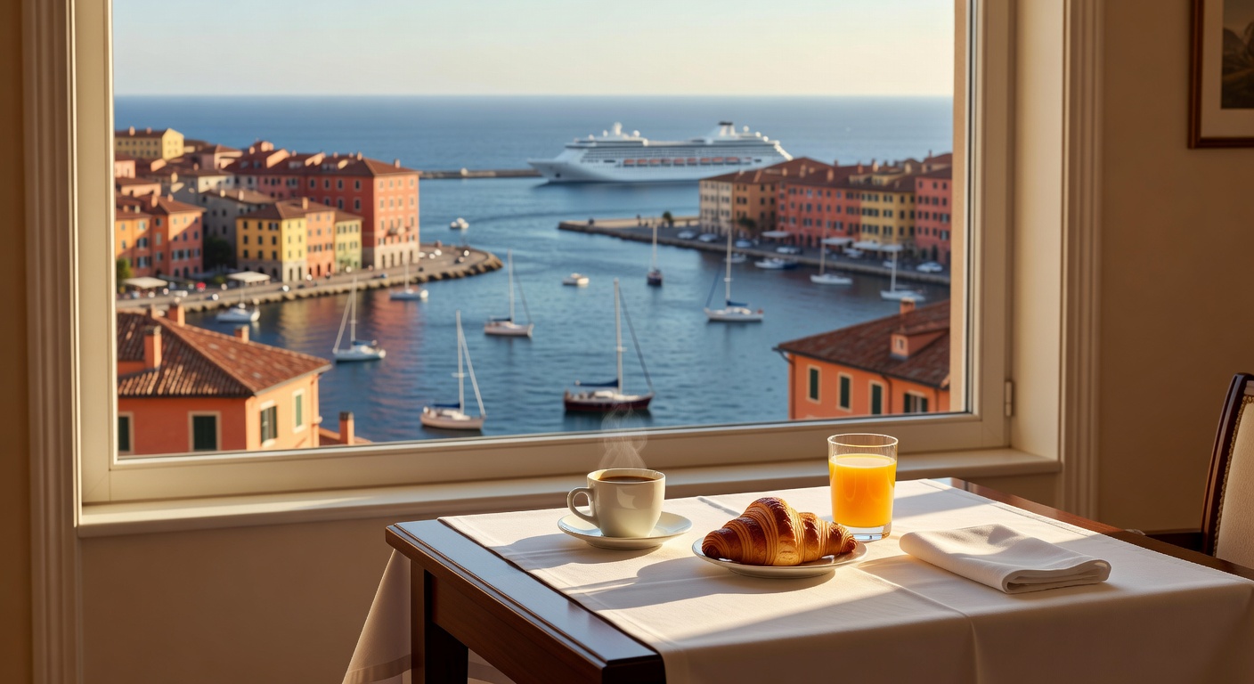 A wide editorial travel photograph of a traveler enjoying a calm, sunlit hotel room breakfast near a window with a view of a European port city waterfront and a cruise ship visible in the harbor below