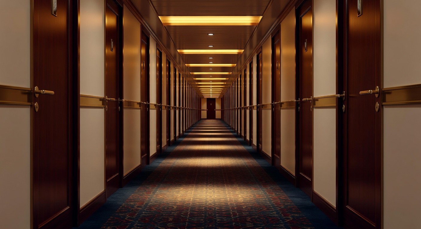 A wide editorial travel photograph of a long, empty cruise ship corridor with numbered cabin doors receding into the distance, shot from a low angle with warm overhead lighting casting a sense of myst