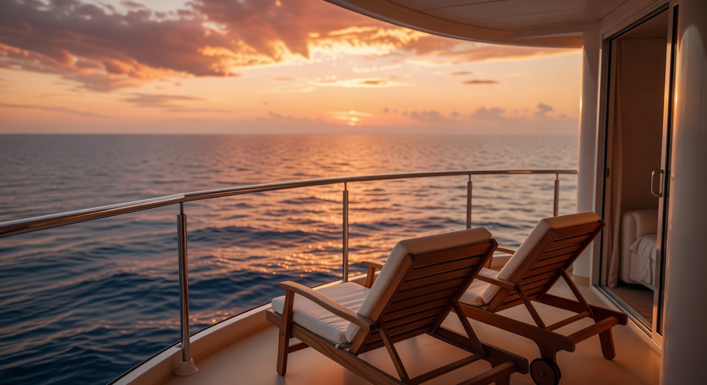 A wide editorial travel photograph of a cruise ship balcony at golden hour with the cabin door slightly ajar, a pair of empty deck chairs facing an open ocean view, suggesting the cabin as a secondary
