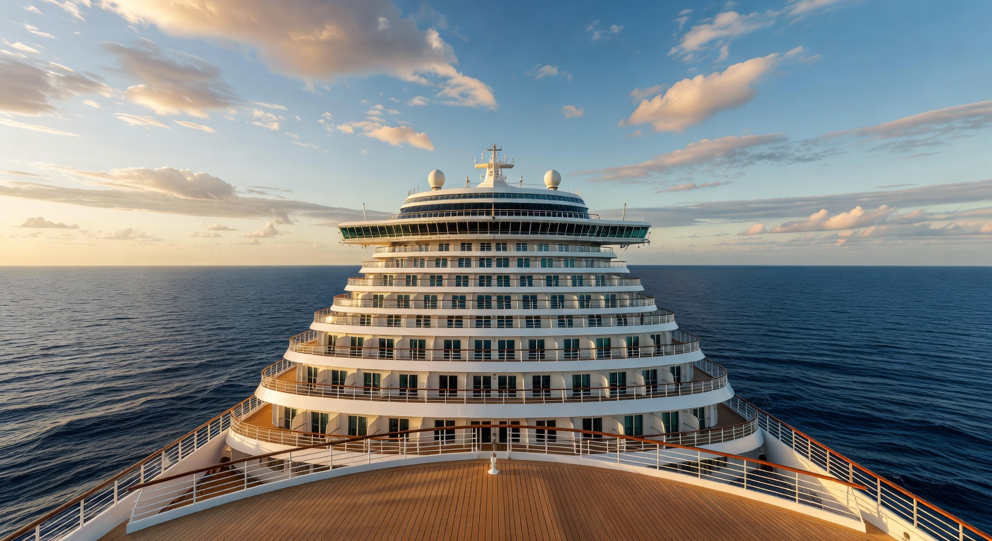 A wide editorial travel photograph shot from the bow of a large cruise ship looking back along the deck, emphasizing the vast length and multiple levels of the vessel to convey how dramatically cabin 