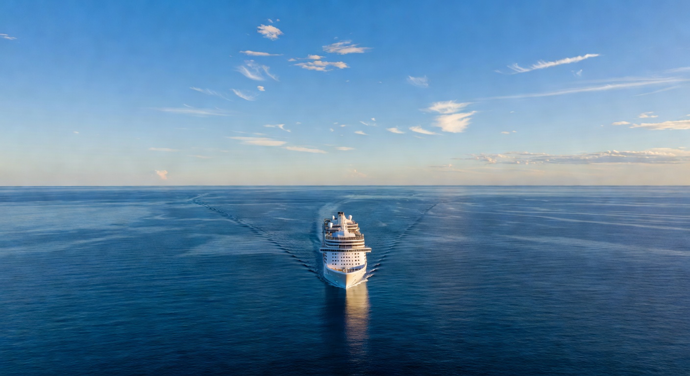A wide editorial aerial photograph of a sleek modern cruise ship sailing alone through calm open ocean under a vast sky, conveying forward momentum and scale, with the ship centered in a horizontal bl