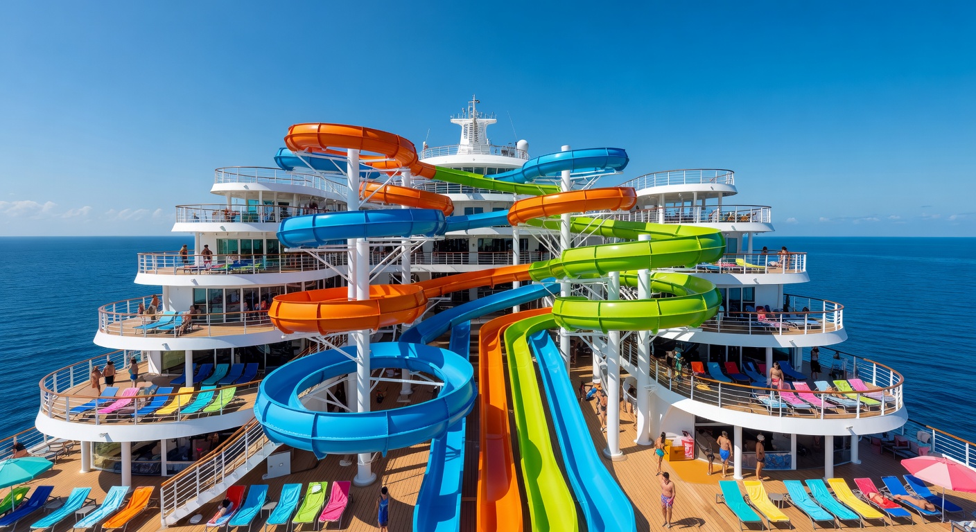 A wide editorial photograph of a multi-tiered outdoor waterpark on the upper decks of a cruise ship, with colorful water slides curving between sun-drenched deck levels, guests in swimwear visible at 
