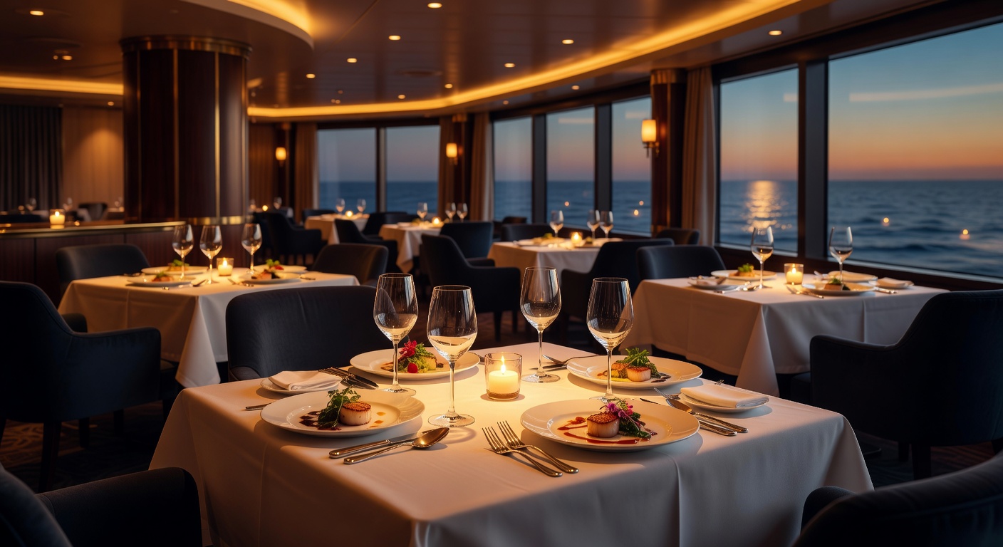 A wide editorial photograph of an inviting specialty restaurant dining space aboard a cruise ship, with warm ambient lighting, elegantly set tables, and rich food textures visible on a central table i