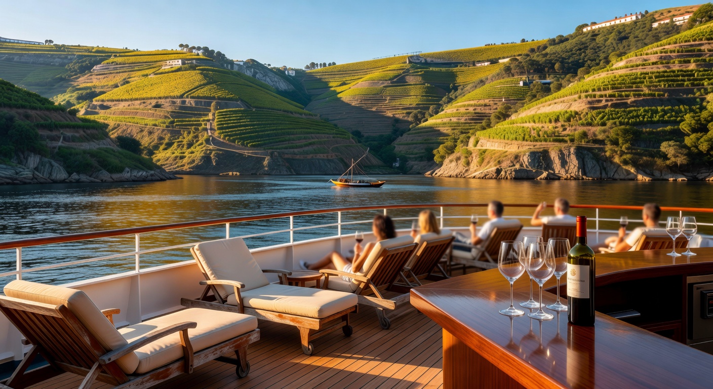 A wide editorial travel photograph of an open-air stern terrace on a river cruise ship, with guests seated at a relaxed outdoor bar and dining setup, glasses of wine in hand, as the steep vine-covered
