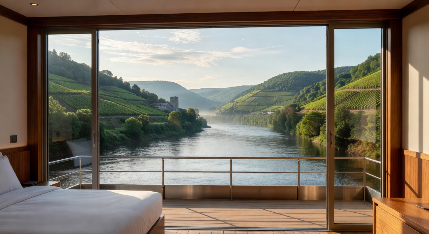 A wide editorial travel photograph of a modern river cruise ship cabin interior featuring floor-to-ceiling sliding glass doors opening onto a private veranda with a direct view of a calm, winding rive