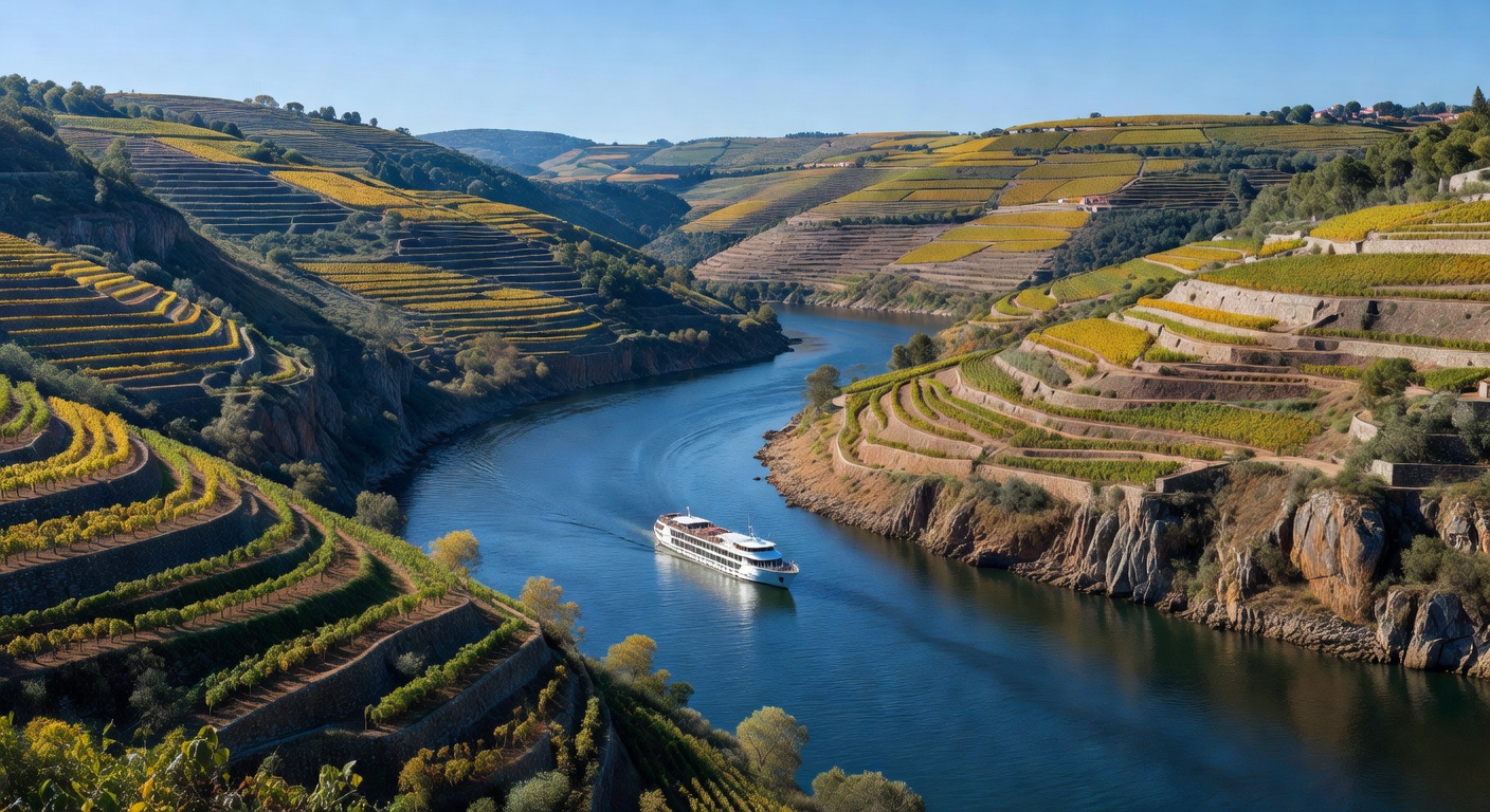 A wide editorial travel photograph of a single sleek white river cruise ship navigating a narrow bend in the Douro River, framed tightly by towering terraced vineyard slopes on both sides under a clea