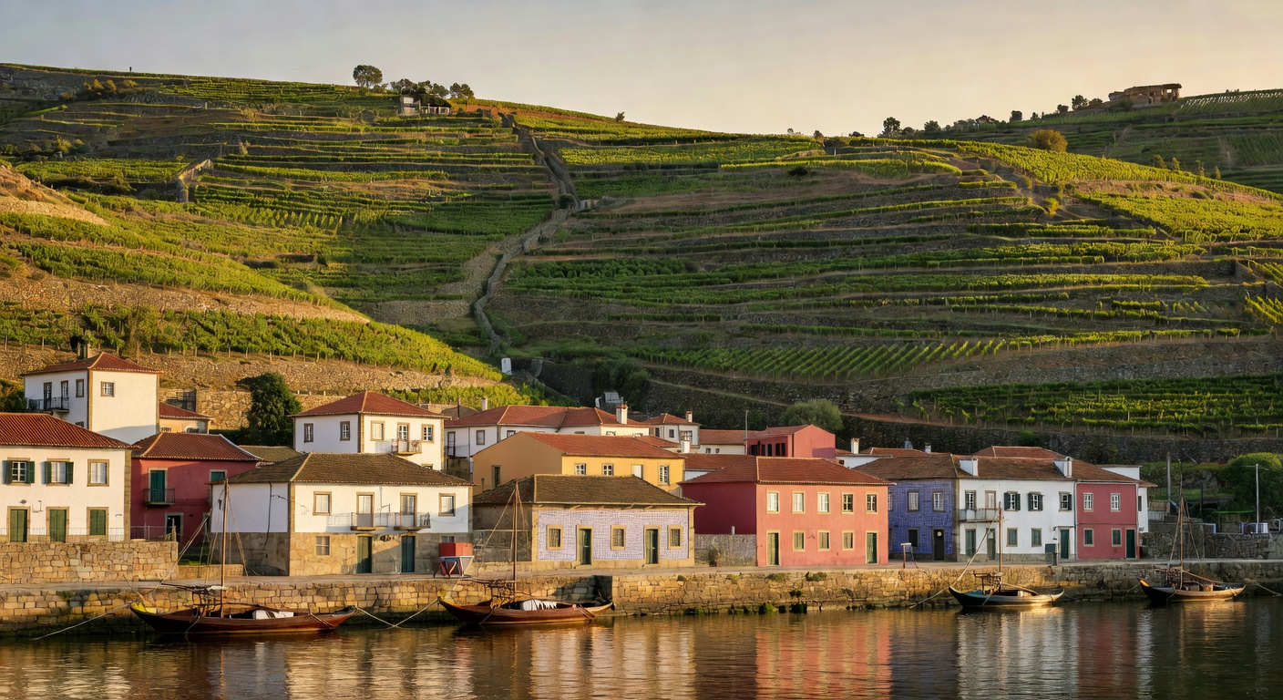 A wide editorial travel photograph of the small riverside village of Pinhão in Portugal's Douro Valley, seen from the water, with steeply terraced vineyards cascading down the hillsides behind colourf