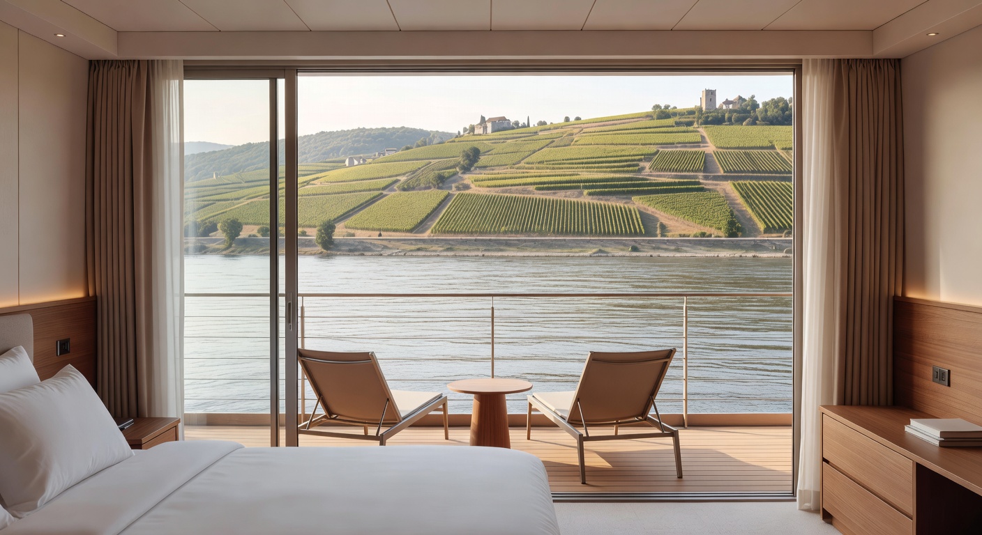 A wide editorial travel photograph of a bright, modern river cruise ship cabin veranda with two chairs and a small table facing a floor-to-ceiling open glass door, with a sweeping view of calm river w