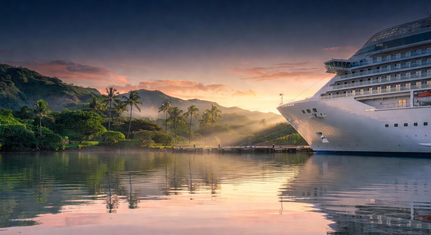 A wide editorial travel photograph of a large cruise ship docked at a scenic Hawaiian port at sunrise, with tropical greenery and calm water reflecting soft morning light.