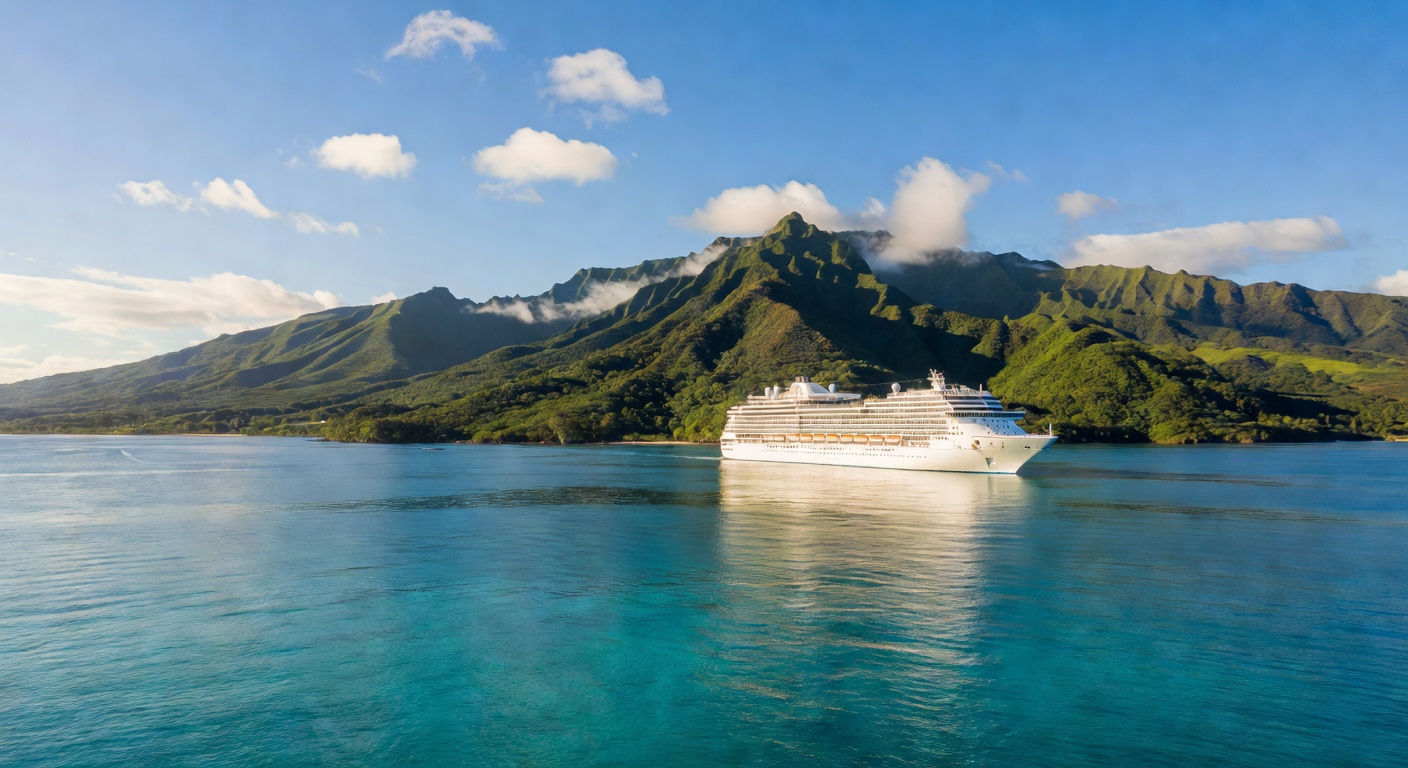 A wide editorial travel photograph of a large cruise ship sailing through calm turquoise Hawaiian waters with lush volcanic mountains and a clear blue sky in the background.
