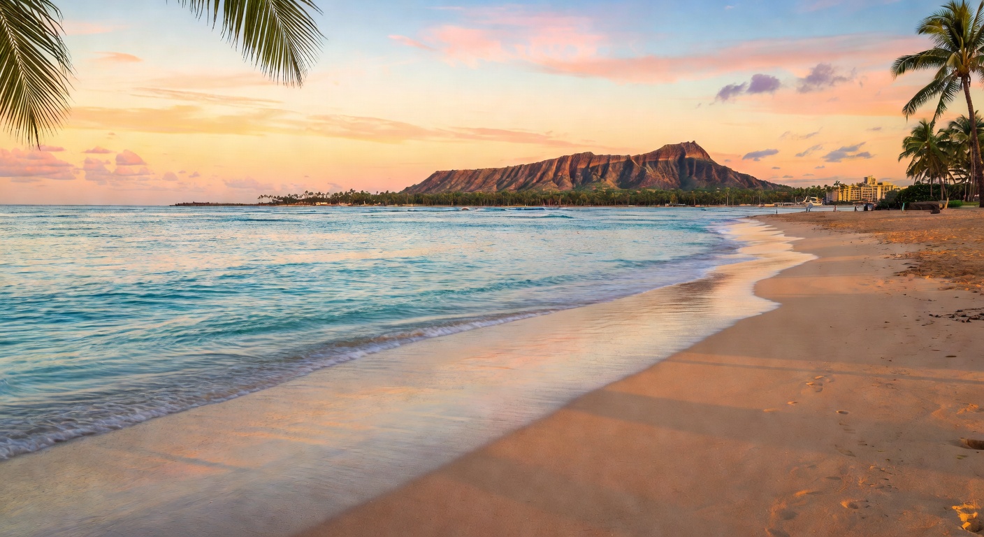 A wide editorial travel photograph of Waikiki Beach at early morning with Diamond Head crater visible in the background, calm surf, and an empty shoreline bathed in golden light.