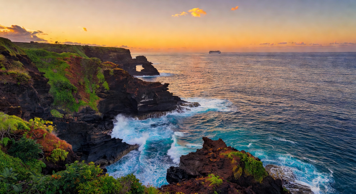 A wide aerial editorial photograph of the Hawaiian coastline at golden hour, showing a sweeping view of ocean, volcanic cliffs, and a distant cruise ship on the horizon.