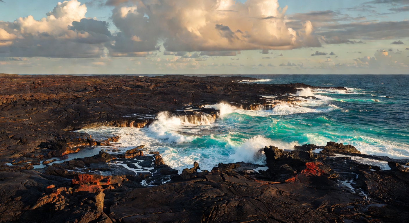 A wide editorial travel photograph of the dramatic lava coastline of the Big Island with black rock meeting vivid turquoise waves under a partly cloudy tropical sky.