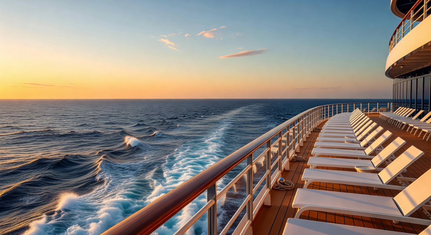 A wide editorial travel photograph of an open-air promenade deck on a large cruise ship at early evening, with warm sunlight catching the railing and the ship's wake visible in the deep blue water bel