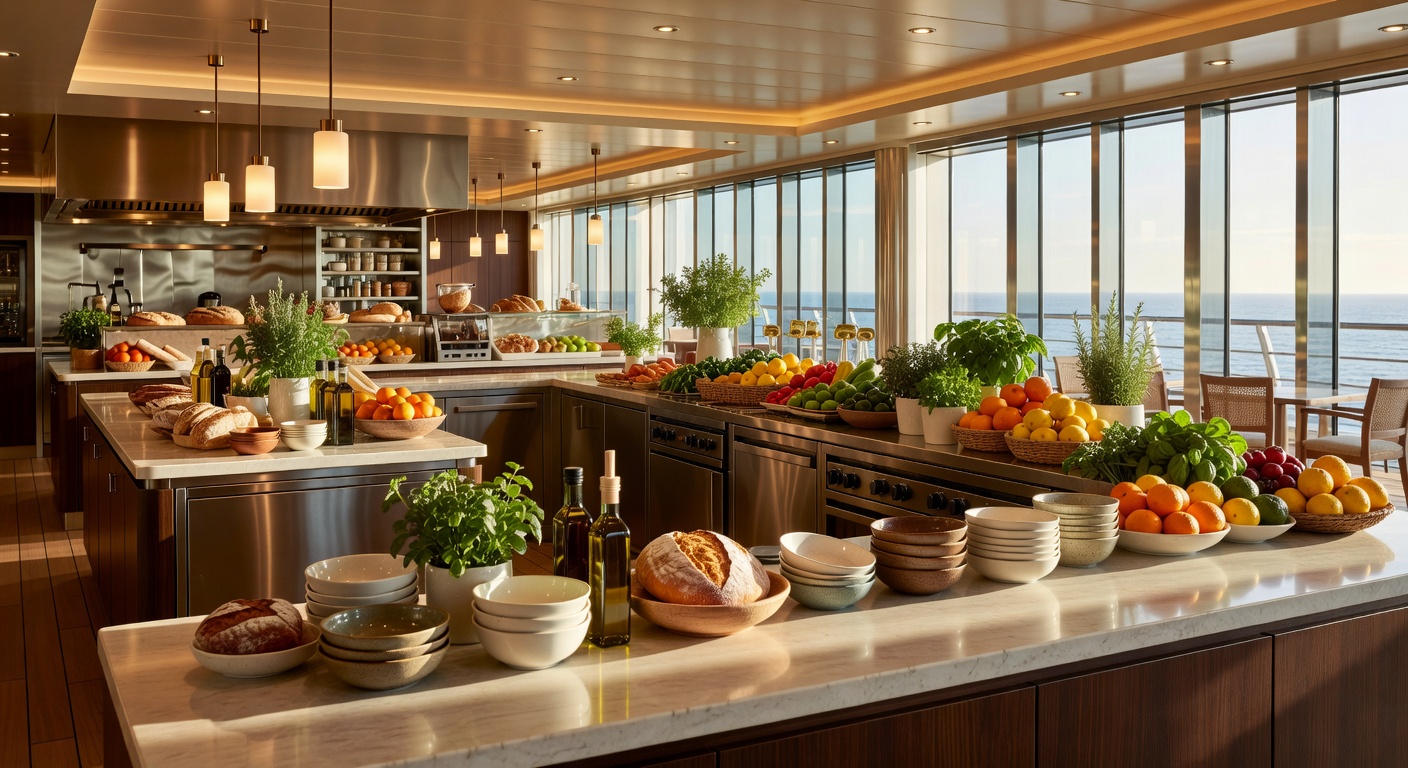 A wide editorial travel photograph of a bright, modern cruise ship food hall with multiple open kitchen counters, warm overhead lighting, and an indoor-outdoor layout suggesting a high-quality casual 