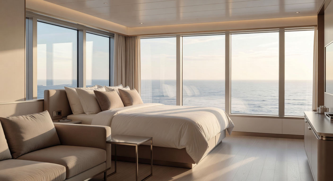 A wide editorial travel photograph of a well-appointed cruise ship suite interior with floor-to-ceiling ocean-view windows, clean modern furnishings in neutral tones, and soft natural light flooding a