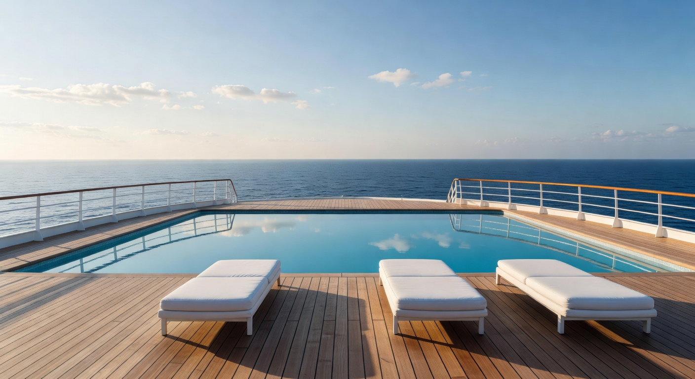A wide editorial travel photograph of a near-empty cruise ship pool deck in mid-morning light, with generous space between sun loungers, a calm pool surface reflecting the sky, and open ocean visible 