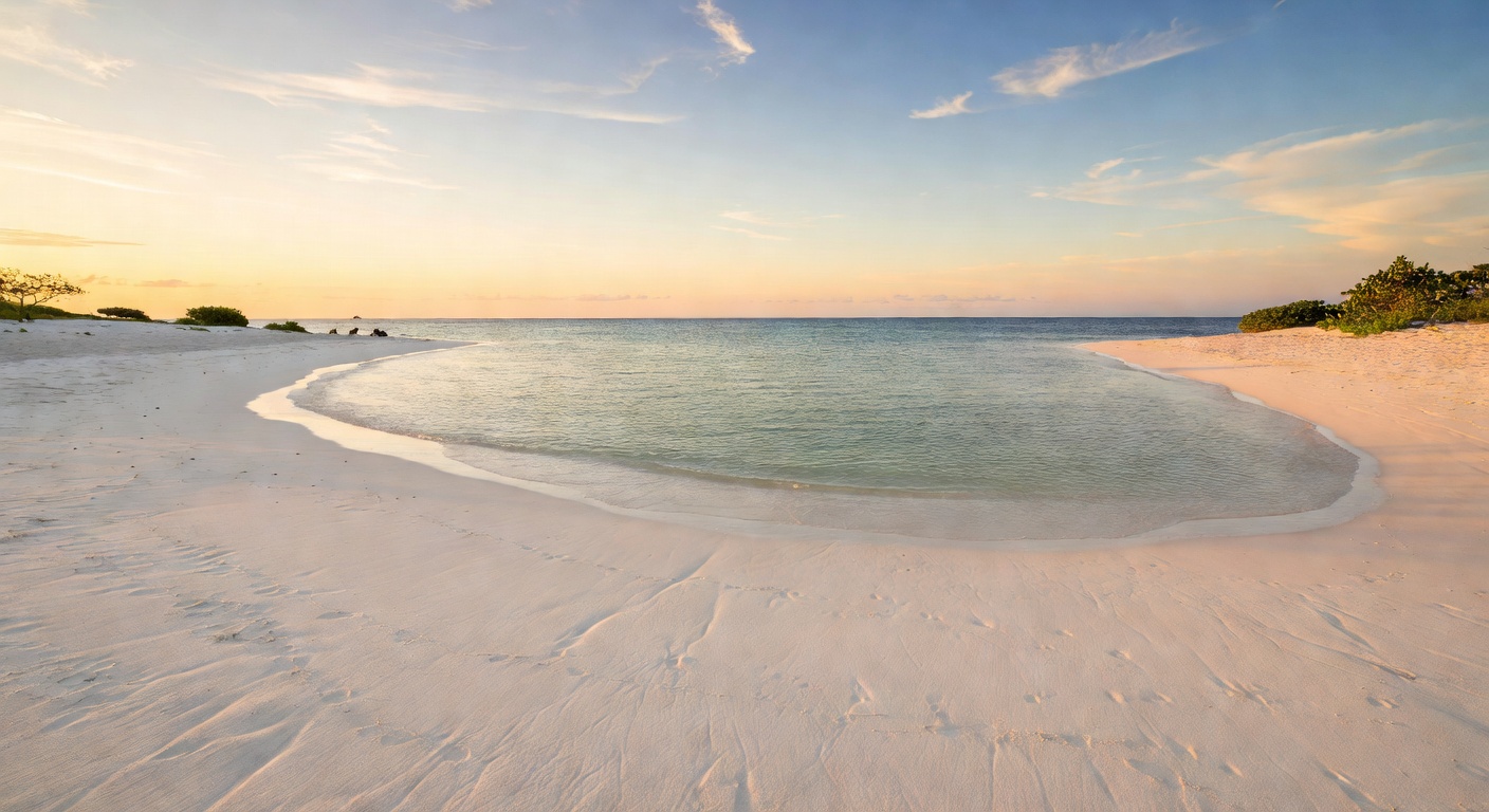 A wide editorial travel photograph contrasting a calm, empty tropical beach with gentle waves against a distant horizon, conveying simplicity and boutique tranquility rather than built-up resort infra