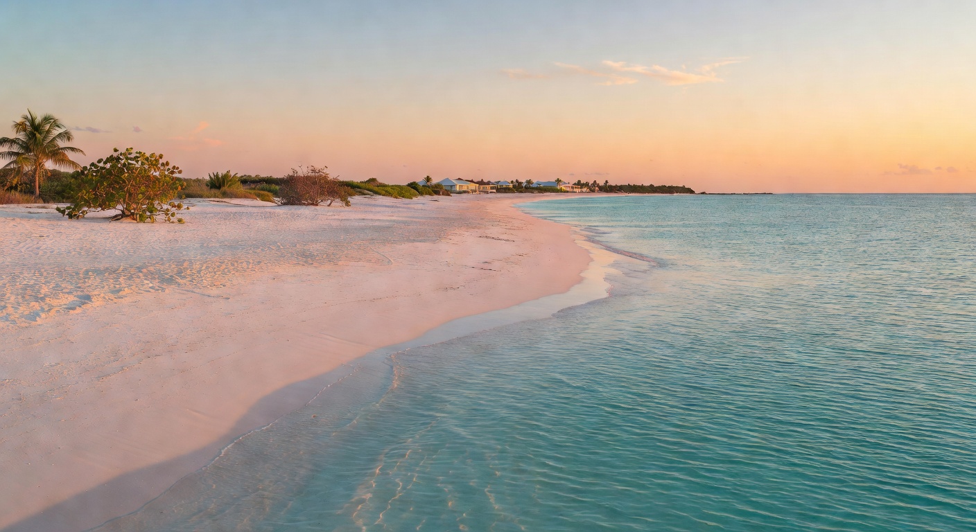 A wide editorial travel photograph of a natural aragonite-sand beach with crystal-clear shallow water in the Bahamas, showing a quiet shoreline with low-rise structures barely visible in the backgroun