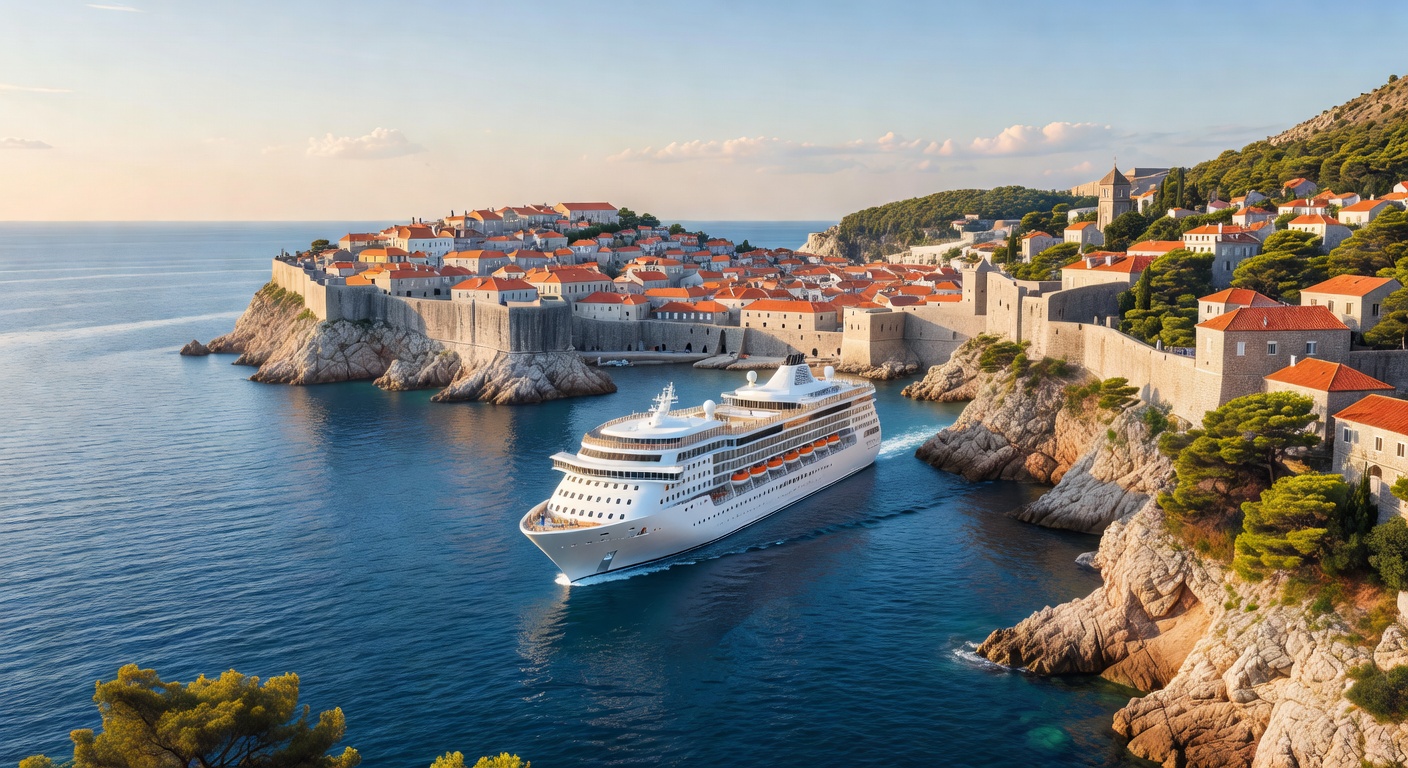 A wide editorial travel photograph of a cruise ship sailing through a narrow Adriatic channel with the old walled city of Dubrovnik's terracotta rooftops and fortress walls rising dramatically along t