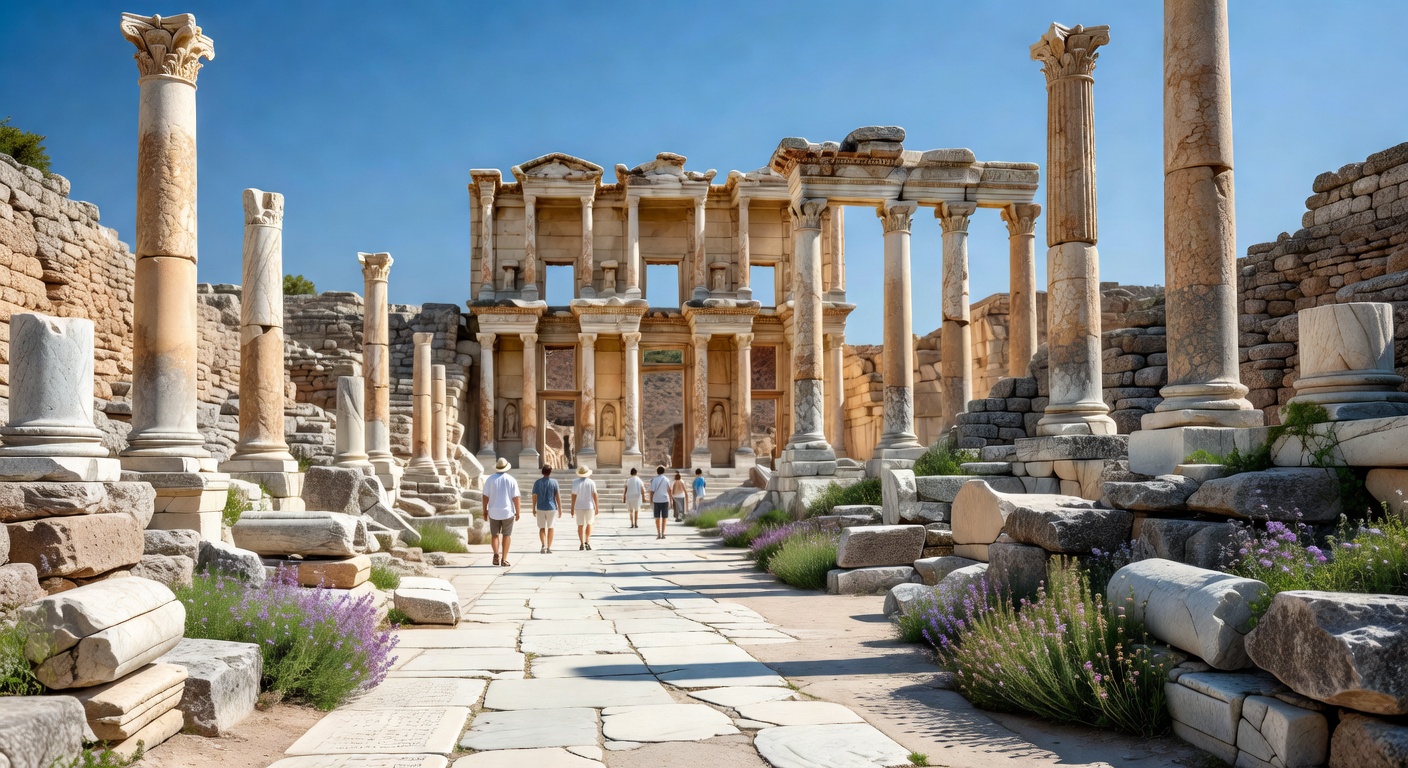 A wide editorial travel photograph of travellers exploring the ancient ruins of Ephesus in Kusadasi, Turkey, walking along the marble-paved main avenue past towering columns under a bright blue sky.