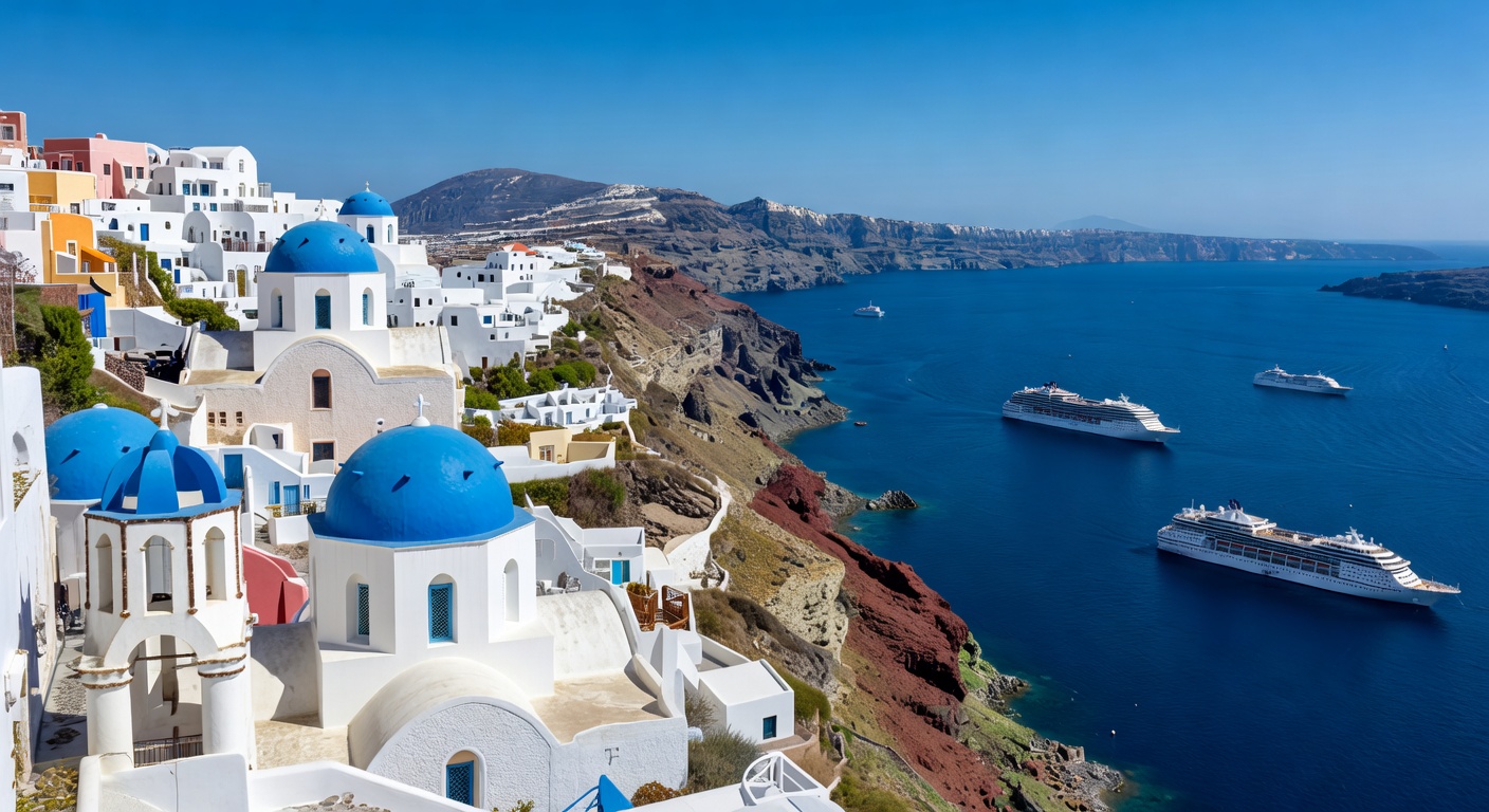 A wide panoramic editorial photograph of the iconic whitewashed blue-domed churches of Santorini perched on the caldera cliff edge at midday, with the deep blue Aegean Sea and cruise ships anchored in