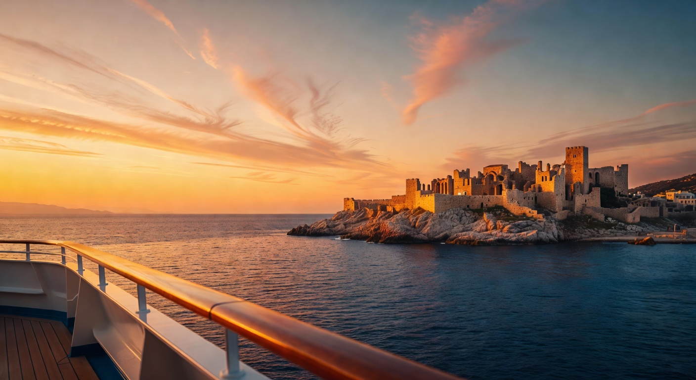 A wide cinematic editorial photograph taken from a cruise ship deck looking out over a dramatic Eastern Mediterranean coastline at golden hour, with ancient ruins or a clifftop fortified town visible 