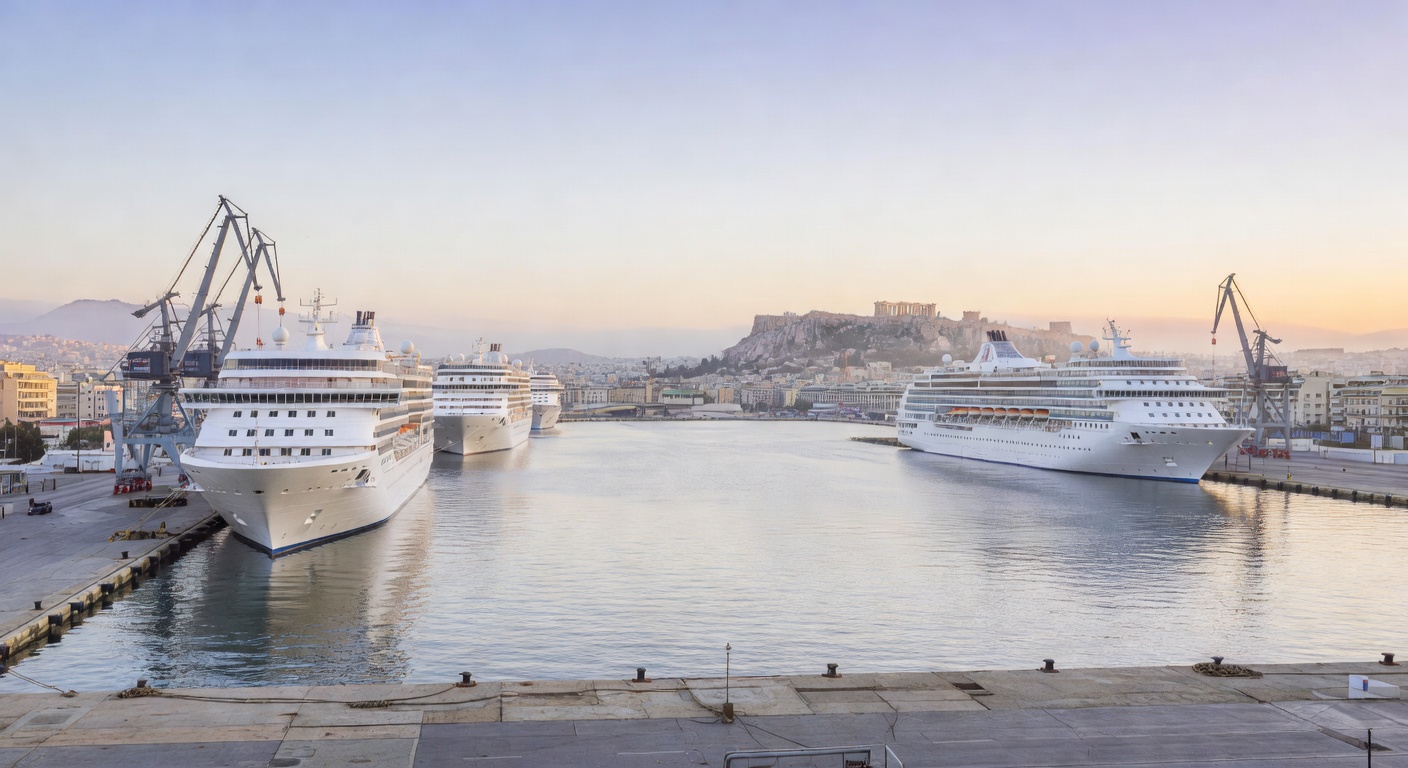 A wide editorial travel photograph of the port of Piraeus at early morning with several large cruise ships moored at the terminal, the hazy outline of Athens cityscape and hills visible in the backgro