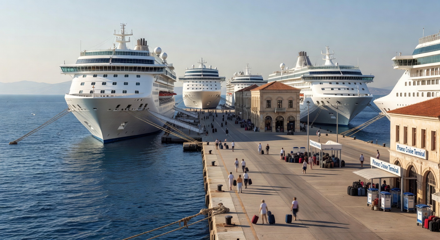 A wide editorial travel photograph of the busy Piraeus cruise terminal on a bright summer morning, showing multiple large cruise ships berthed along the concrete quay with passengers and luggage visib